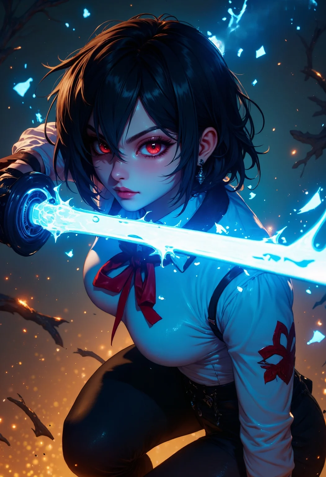 G0thicL1nes, A woman in black pants and a white top wields a glowing blue katana. Her short black hair partially obscures her intense, red-eyed gaze. Sparks and embers fly around her in the dimly lit, blurred background. Anime style, high contrast, and saturated colors. <lora:FluxMythG0thicL1nes:1>