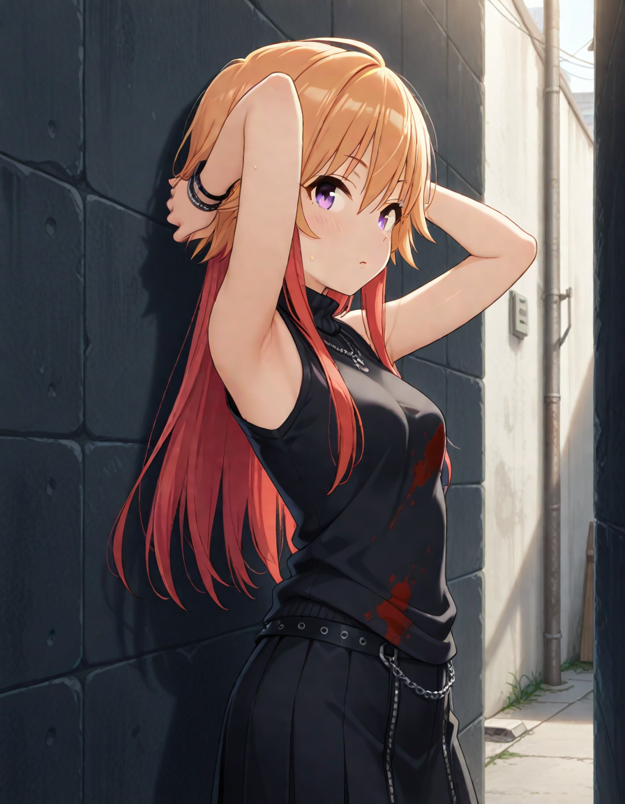 masterpiece,best quality,absurdres,official art,official style,source_anime,anime screencap,anime coloring,
<lora:Hyper-SDXL-8steps-lora:1>,
<lora:Asuka_IL:0.9>,asukachang,1girl, solo,light brown hair, long hair, multicolored hair,red hair, two-tone hair,purple eyes, 
sleeveless,black turtleneck,loose turtleneck,blood stein on shirt,black skirt,
armpit focus,hands behind head,bracelet,back alley,looking at viewer,ashamed,heavy blush,from side,