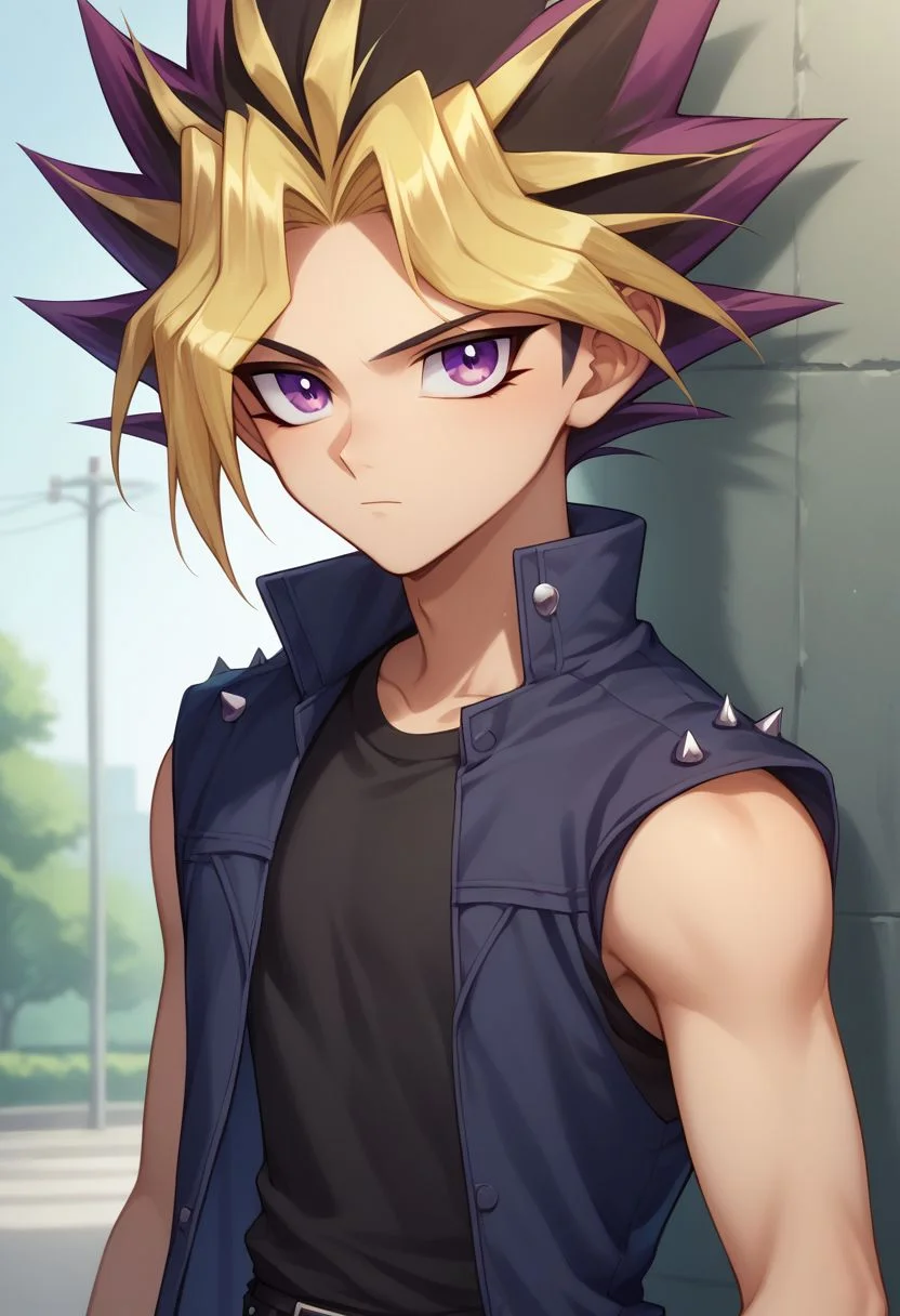 score_9, score_8_up, source_anime, highly detailed,
yami, 1boy, male focus, blonde hair, solo, purple eyes, multicolored hair, shirt, black shirt, sleeveless, jacket, jacket on shoulder, closed mouth, spiked hair,
outdoor, upper body,