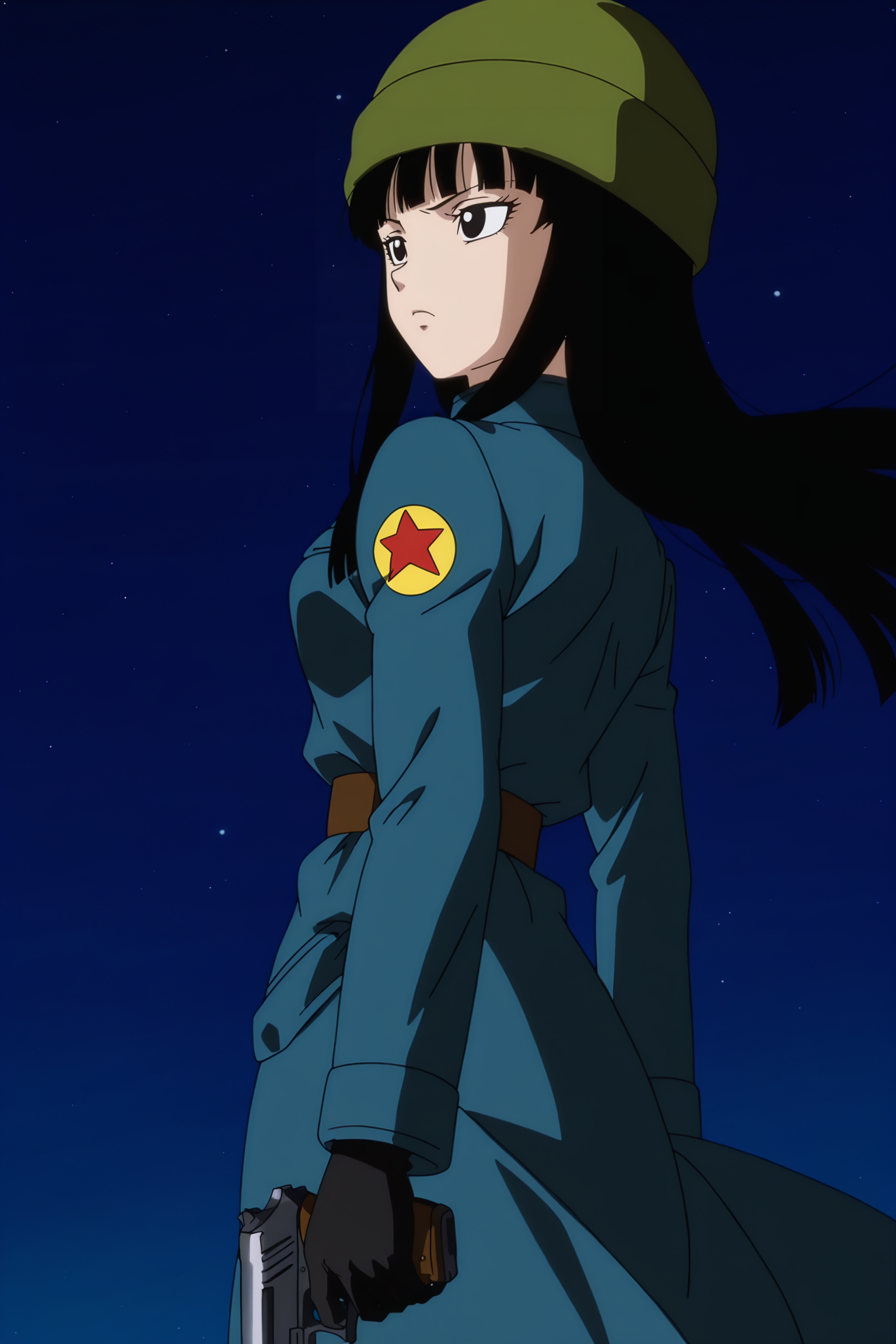 anime screencap, absurdres, high quality, official style,
future mai, official style, 1girl, solo, hime cut, long hair, black hair, bangs, facing away, from behind, knit hat, green headwear, military coat, blue coat, long sleeves, print sleeve, red star, star \(symbol\), black gloves, leather belt, frown, looking ahead, wind lift, floating clothes, cowboy shot, arm at side, holding handgun, night sky, from side, looking back, black eyes,
 <lora:Mai_IL:0.8>