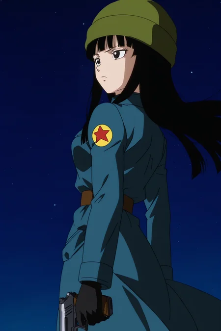 anime screencap, absurdres, high quality, official style,
future mai, official style, 1girl, solo, hime cut, long hair, black hair, bangs, facing away, from behind, knit hat, green headwear, military coat, blue coat, long sleeves, print sleeve, red star, star \(symbol\), black gloves, leather belt, frown, looking ahead, wind lift, floating clothes, cowboy shot, arm at side, holding handgun, night sky, from side, looking back, black eyes,
<lora:Mai_IL:0.8>