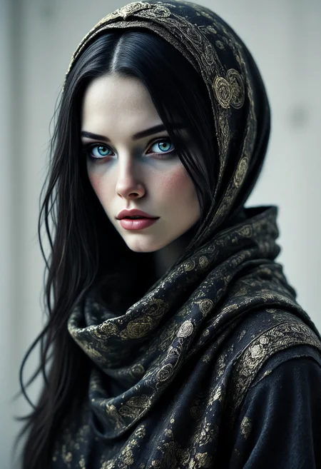 Portrait of a stunning, mysterious woman with pale skin, piercing blue eyes, and intricately styled dark hair. She wears a flowing black robe with subtle golden patterns, her gaze calm and calculating, set against a minimalist sci-fi background
aidmafluxpro1.1 <lora:aidmaFluxPro1.1Stylev0.2:0.65> <lora:Dever_Flux_Enhancer:0.85> <lora:Cyberpunk__Realistic:0.4> recypu style