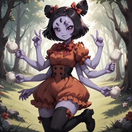 score_9, score_8, BREAK, solo, Muffet_(Undertale), solo, anthro, (((six arms))), lavender skin, lavender skin female, five eyes, twin pigtails, white fangs, red ribbons, red rompers with buttons, long black boots, self portrait, smile, looking at viewer, outdoors, sunlight, shadows, evening lighting, natural lighting, forest, trees, grass, orange sky, sunset