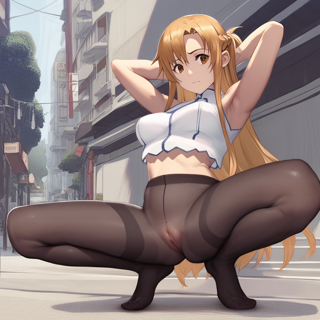 score_9, score_8_up, score_7_up, source_anime, expressive, anime, Artist speedlines, dynamic, 1girl, Asuna/(Sword Art Online\), squatting, arms behind head, armpit_hair, crop top see-through_legwear pantyhose, see-through, thighband_pantyhose, pantyhose, nudepantyhoseXL, pussy_under_pantyhose, uncensored, pussy, exhibitionism, public, outdoors, sunny, urban