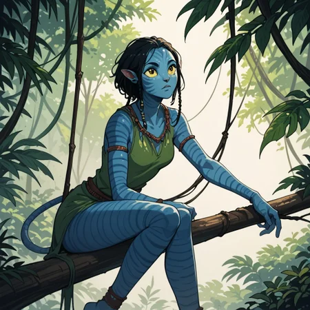 score_9, score_8_up, score_7_up, anime oil painting portrait, 18 year old female Avatar navi alien with blue skin, striped skin, sitting on a branch in the jungle, wearing a tunic made of leaves and moss