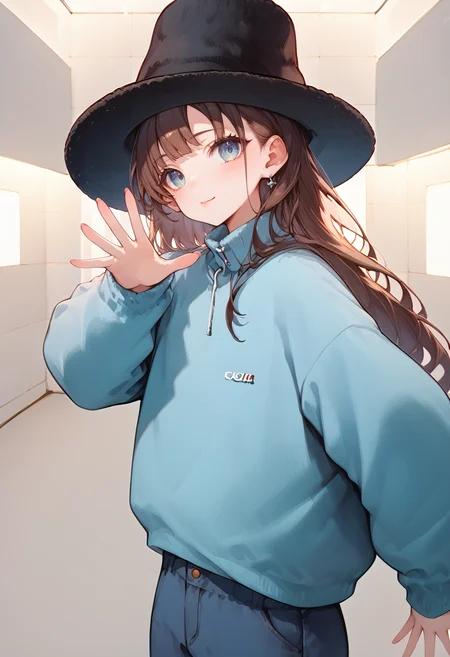 (score_9:0.9),score_8_up,score_7_up,anime style,rating_safe,(zPDXL),<lora:virtual insanity meme ponyXL v2:0.93>,virtual insanity,open hand,outstretched hand,1girl,solo,long hair,hat,blue eyes,long sleeves,black headwear,looking at viewer,bangs,brown hair,denim,pants,blush,closed mouth,smile,hand up,upper body,jacket,indoors,