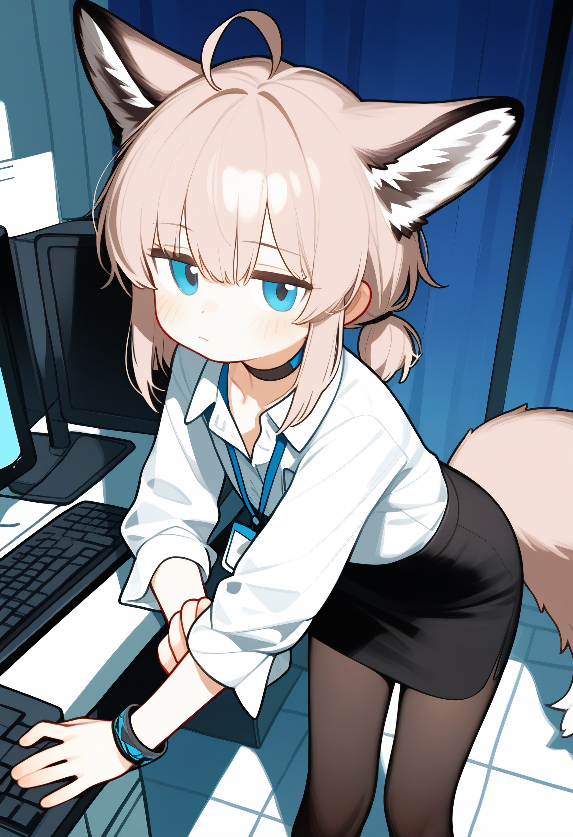 omo-omo2, sussurro \(arknights\), , 1girl, solo, tail, monitor, skirt, animal ears, sussurro \(arknights\), shirt, ahoge, blue eyes, pencil skirt, white shirt, fox tail, looking at viewer, black skirt, office lady, pantyhose, fox ears, fox girl, brown hair, blush, closed mouth, computer, white background, long hair, keyboard \(computer\), alternate costume, long sleeves, hair between eyes, twintails, cowboy shot, jewelry, collared shirt, bracelet, black pantyhose, indoors,,masterpiece,best quality,newest,absurdres,highres,very awa,