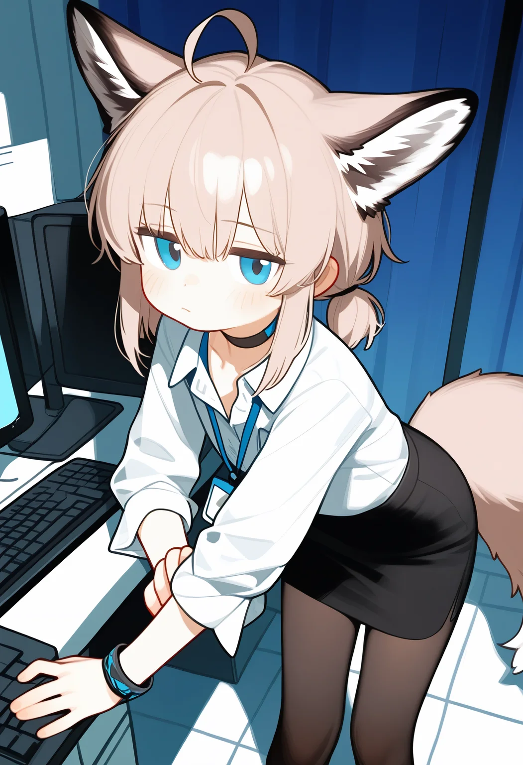 omo-omo2, sussurro \(arknights\), , 1girl, solo, tail, monitor, skirt, animal ears, sussurro \(arknights\), shirt, ahoge, blue eyes, pencil skirt, white shirt, fox tail, looking at viewer, black skirt, office lady, pantyhose, fox ears, fox girl, brown hair, blush, closed mouth, computer, white background, long hair, keyboard \(computer\), alternate costume, long sleeves, hair between eyes, twintails, cowboy shot, jewelry, collared shirt, bracelet, black pantyhose, indoors,,masterpiece,best quality,newest,absurdres,highres,very awa,