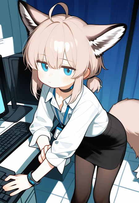omo-omo2, sussurro \(arknights\), , 1girl, solo, tail, monitor, skirt, animal ears, sussurro \(arknights\), shirt, ahoge, blue eyes, pencil skirt, white shirt, fox tail, looking at viewer, black skirt, office lady, pantyhose, fox ears, fox girl, brown hair, blush, closed mouth, computer, white background, long hair, keyboard \(computer\), alternate costume, long sleeves, hair between eyes, twintails, cowboy shot, jewelry, collared shirt, bracelet, black pantyhose, indoors,,masterpiece,best quality,newest,absurdres,highres,very awa,