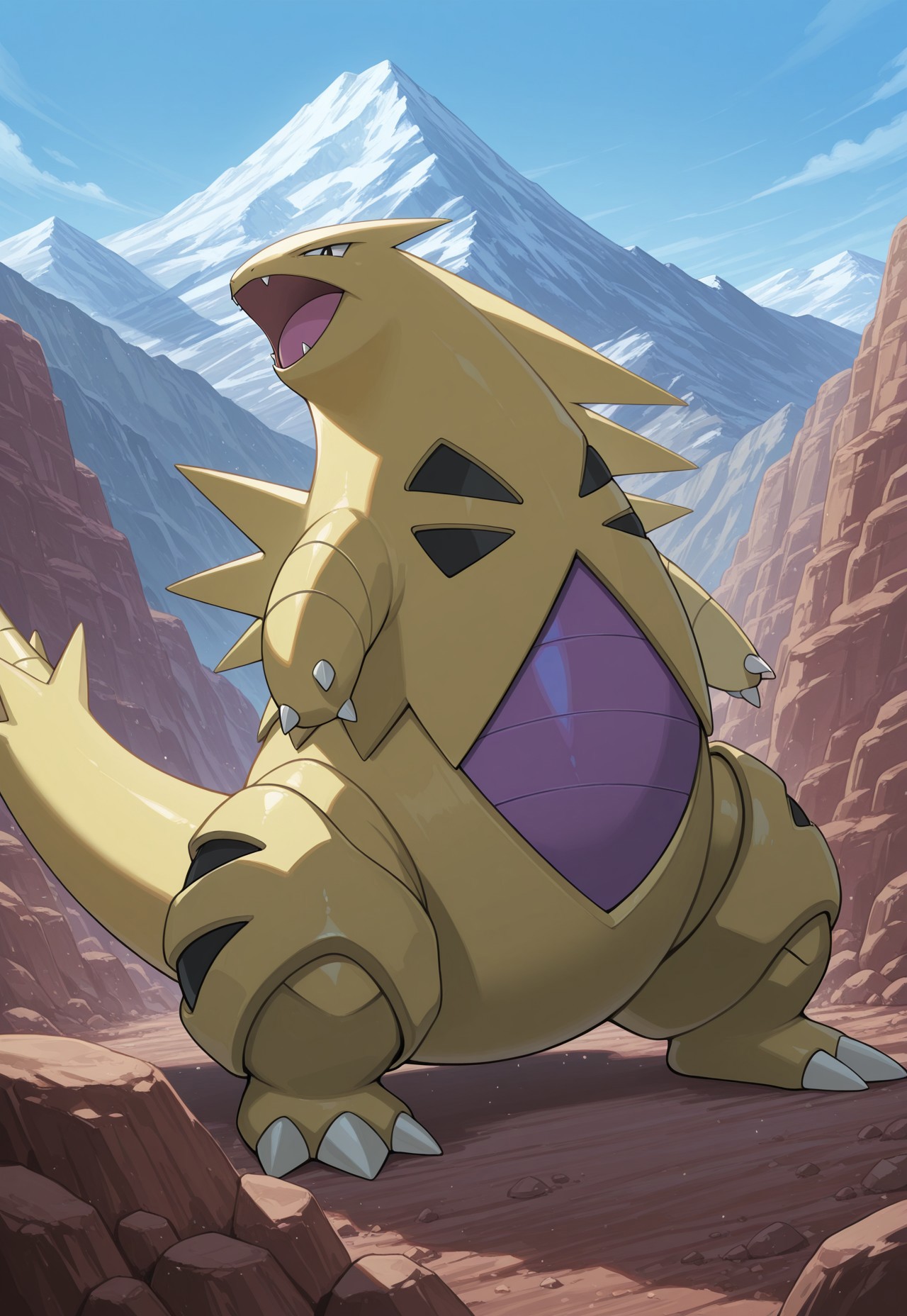 score_9, score_8_up, score_7_up, masterpiece, best quality, very aesthetic, absurdres, amazing quality, high resolution, ultra-detailed, volumetric lighting, newest, scenery, perspective, mountain, rocks, day, PKMN_Tyranitar, 1other, solo, pokemon focus, black eyes, ShinyTyranitar, yellow skin, purple belly, sitting, looking at viewer, :o