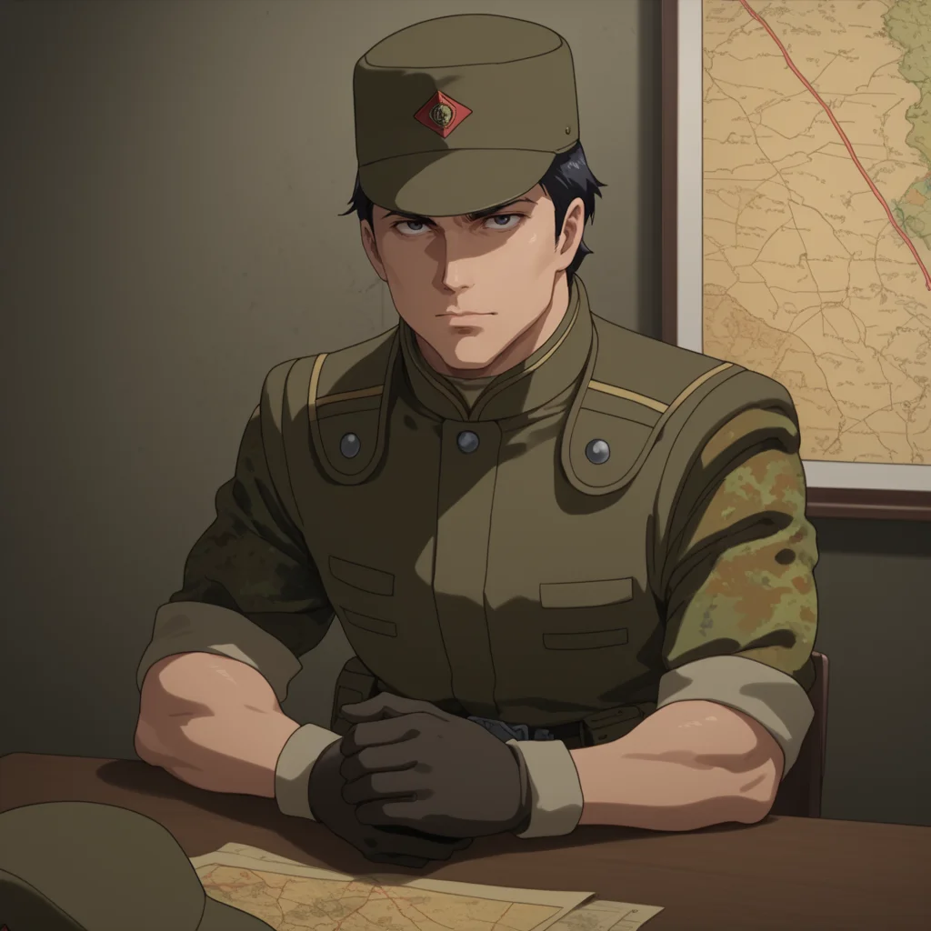 score_9, score_8_up, score_8, solo, adult, <lora:Zeon_Soldier_Mobile_Suit_Gundam_Pony_SDXL:1>, zeon soldier, uniform, 1 man, sitting, leaning on table, hat, looking at map, black hair, gloves