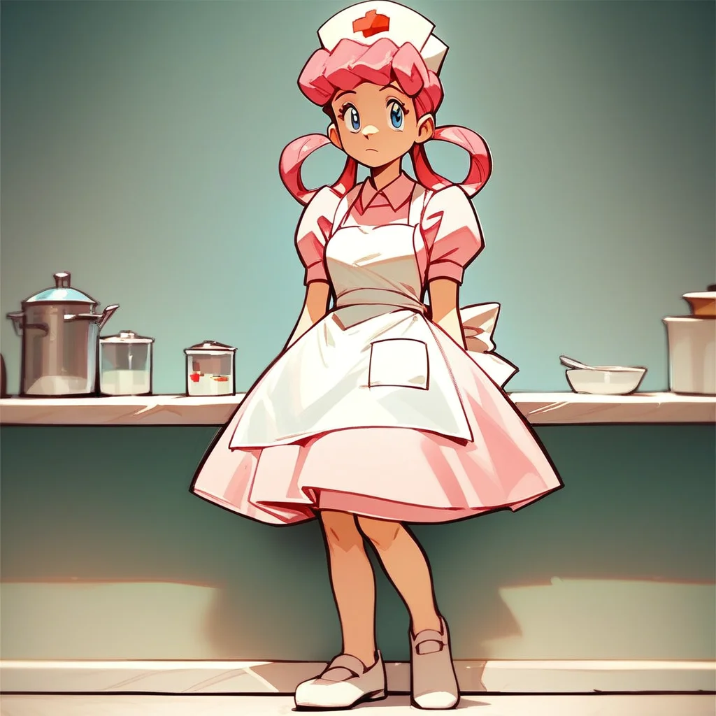 Score_9, score_8_up, score_7_up, Nurs3_j0y, solo, pink hair, hair rings, blue eyes, pink dress, apron, nurse cap, white footwear