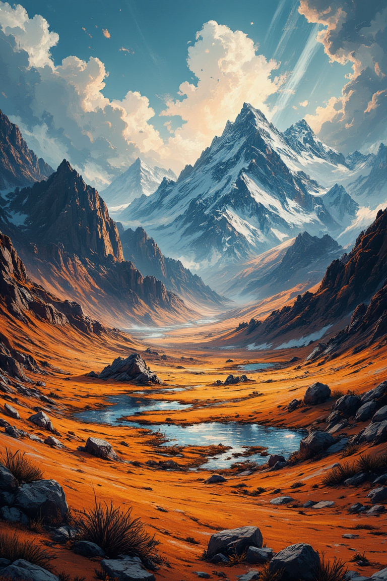 Spooky Art Drawing. This image depicts a stunning, fantastical landscape reminiscent of digital art from MidJourney or Stable Diffusion. The scene is dominated by vibrant orange desert terrain with scattered rock formations and pools of water that reflect the sky. In the background, majestic snow-capped mountains rise against a dramatic sky filled with dynamic clouds. Rays of sunlight pierce through the clouds, casting beams of light across the landscape.

The composition creates a sense of depth and scale, highlighting both the vastness of the desert and the grandeur of the mountain range. The overall mood is serene yet awe-inspiring, capturing the beauty of nature in an almost otherworldly manner. This type of artwork often evokes feelings of wonder and exploration. aidmafluxpro1.1