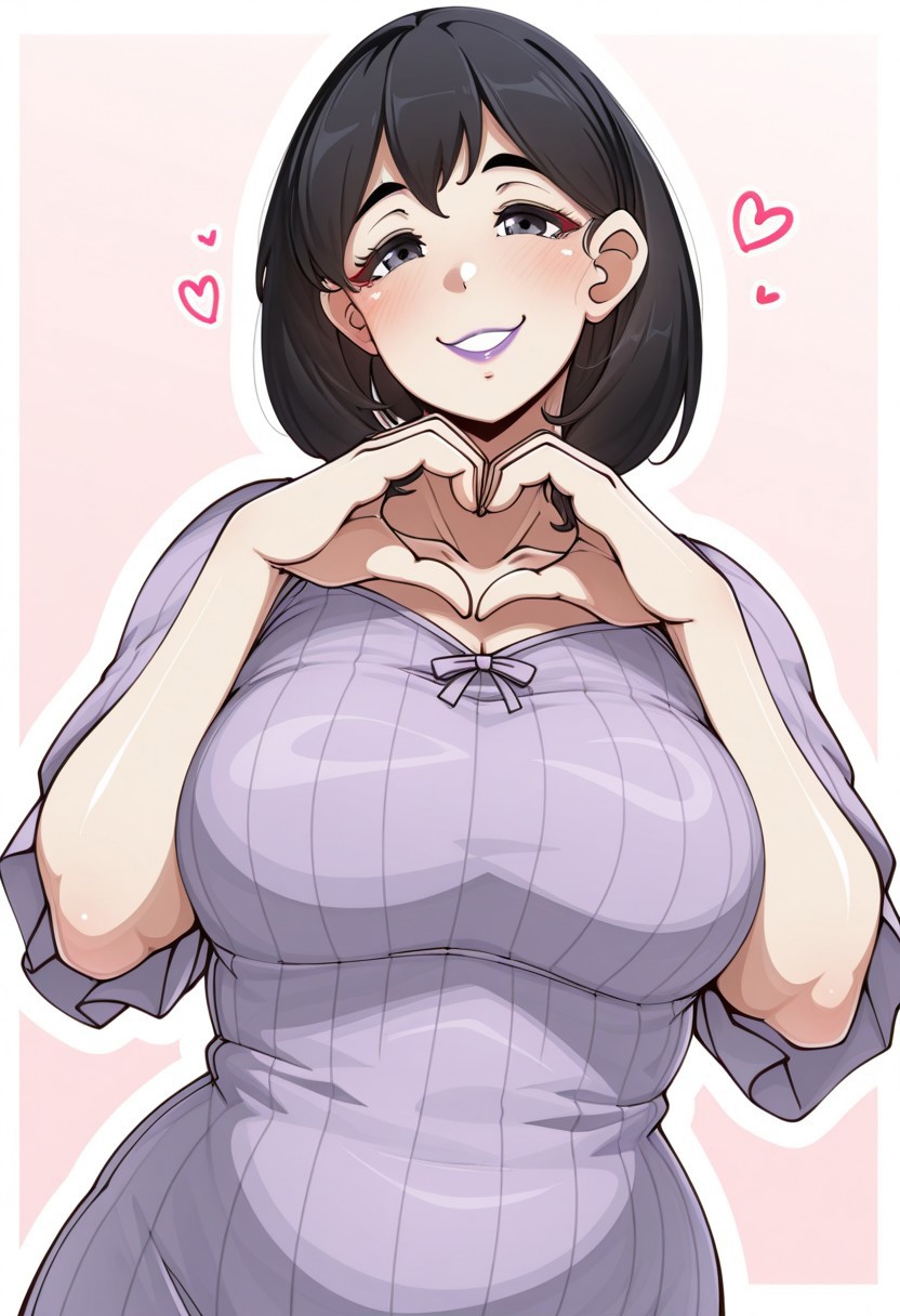 , 1girl, solo, medium build, medium hair, sfw, safe for work, covered skin, flowy dress,  black eyes, purple lipgloss, smiling, portrait, upper body, heart hands, mature female, foreshortening, detailed, newest, shiny skin, cowboy angle, solo focus, medium breasts, mature female, thick, plump, komoshige