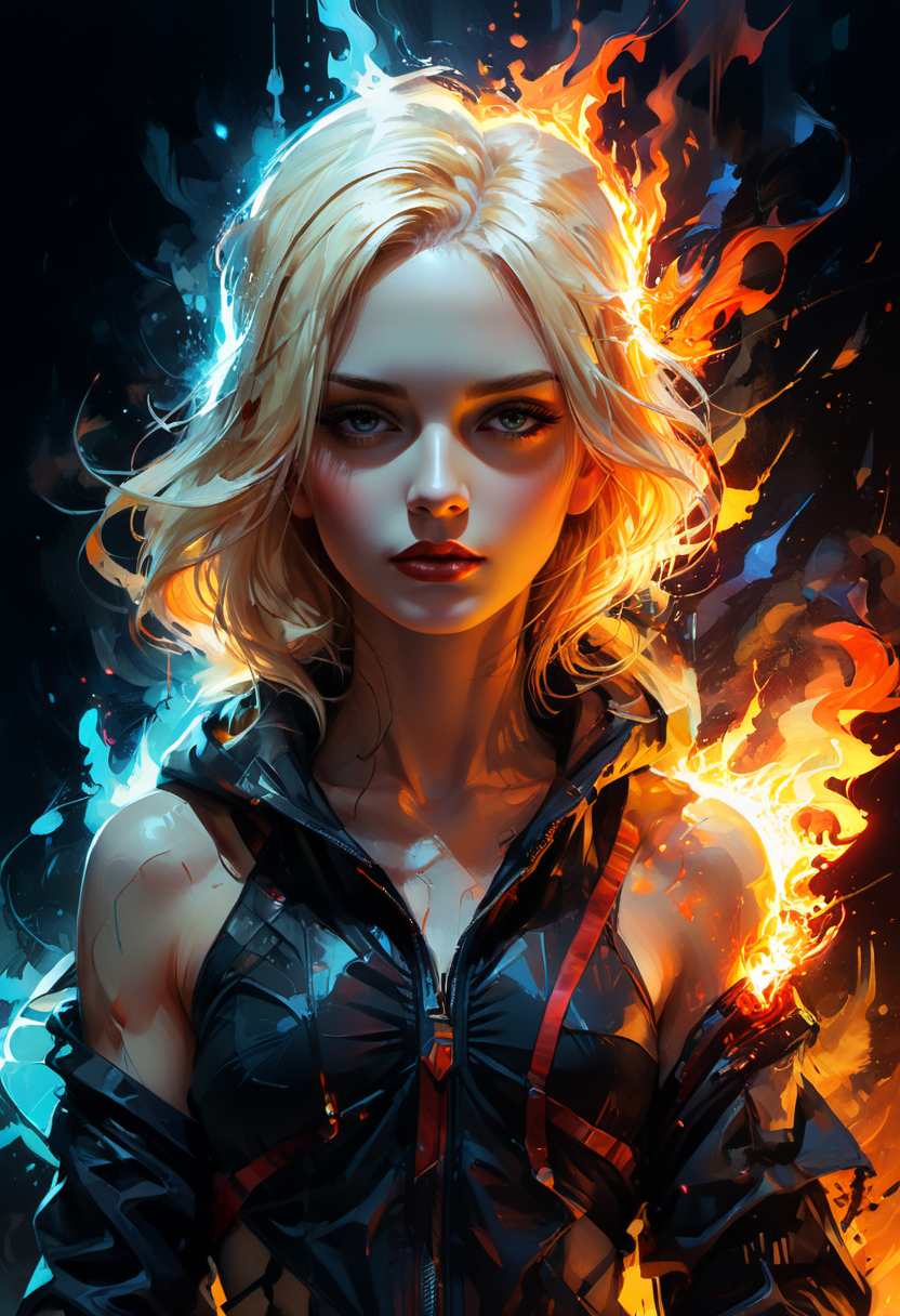 Art Deco masterpiece, Rogue assassin girl, wearing a hood, blonde hair, shrouded in shadows, holding a flaming dagger in each hand, vibrant glowing abyssal colors, entirely in frame, FULL BODY, radiating electrical energy, shoulder length messy hair, Full body, Beautiful anime waifu style girl, hyperdetailed painting, luminism, art by Carne Griffiths and Wadim Kashin concept art, 8k resolution, fractal isometrics details bioluminescence , 3d render, octane render, intricately detailed , cinematic, trending on art station Isometric Centered hyper realistic cover photo awesome full color, hand drawn , gritty, realistic, intricate, hit definition , cinematic, Rough sketch, bold lines, on paper, vibrant, epic, ultra high quality model <lora:xl_more_art-full_v1:1>, Art Deco, often for geometric shapes, luxury, or 1920s elegance.