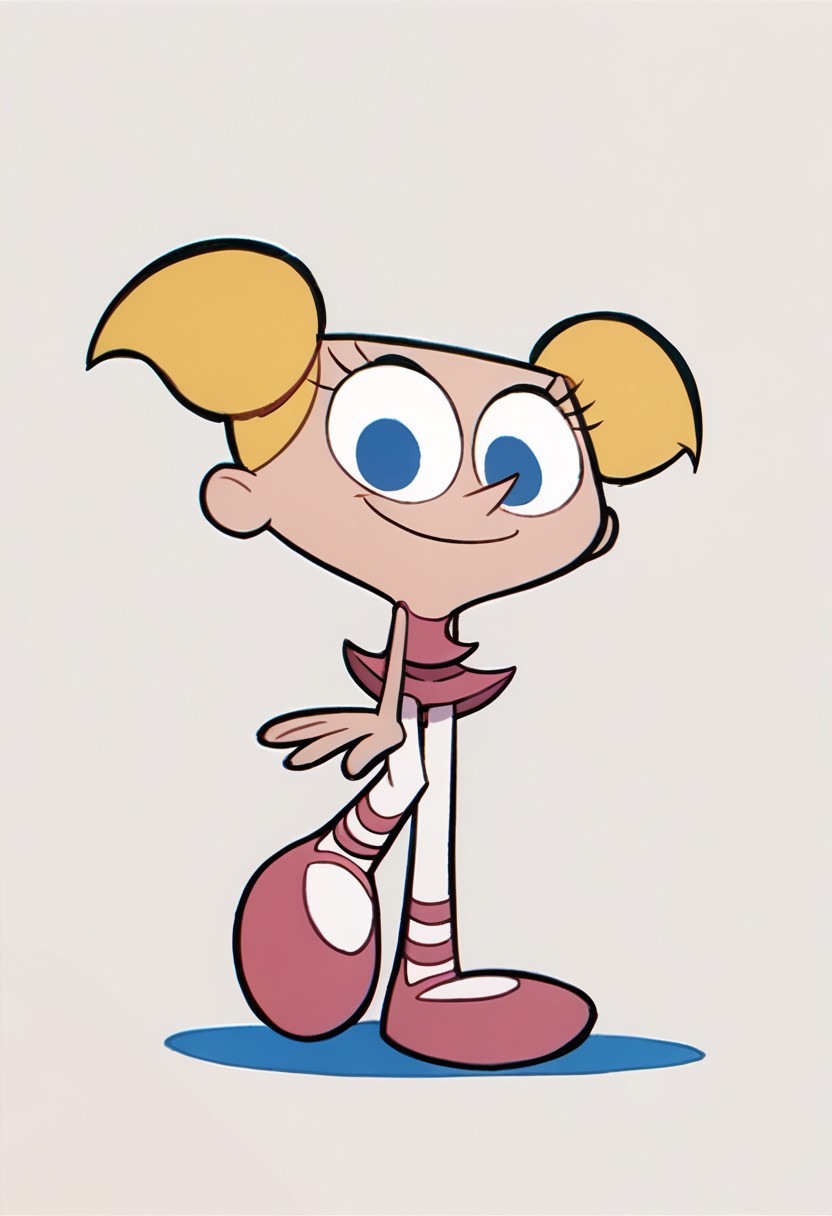 score_9, score_8_up, score_7_up BREAK DeeDeeDL, 1girl, blonde hair, pigtails, blue eyes, pink tutu, white tights, pink ballet shoes, smiling at viewer, full body, solo, solo focus,