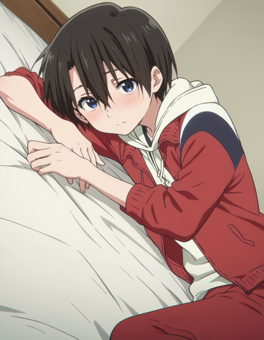 score_9, score_8_up, score_7_up, source_anime,
yuzurunishimiya, <lora:yuzuru-nishimiya-movie-ponyxl-lora-nochekaiser:1>,
yuzuru nishimiya, short hair, blue eyes, black hair, hair between eyes,
jacket, open clothes, pants, hood, open jacket, hoodie, red jacket, red pants, track pants,
indoors, bed, bed room, on side, blush, drunk,
looking at viewer, solo, cowboy shot, dutch angle,