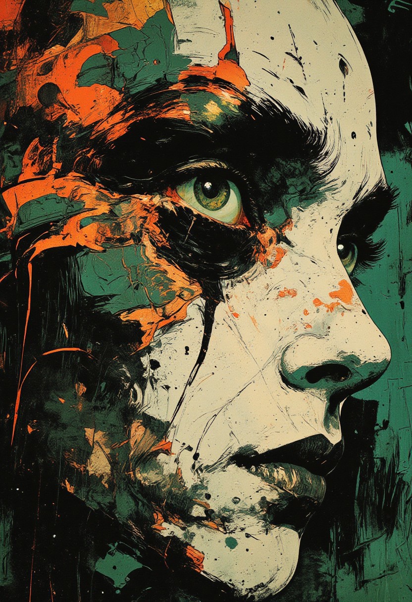 (cksc, highly detailed, hyper realistic) This digital painting depicts an intense, atmospheric portrait featuring a surreal male mime artist. The extreme close-up focuses on a single mesmerizing pale white eye, surrounded by exaggerated black makeup, with bold streaks of emerald green and copper running from the eye like smeared paint. The mime’s face is stark white, smooth, and matte, contrasted with abstract streaks of teal, burnt orange, and metallic bronze flowing across the cheeks and forehead, evoking motion and emotion. His lips are black, sharply outlined, and slightly parted, revealing a hint of silver teeth, adding an unsettling elegance. Fine black lines accentuate the brows and contours, enhancing the theatrical expression. He is old, bald, with a thin pencil mustache framing his upper lip. Wrinkles and fine texture around his eyes and mouth give depth and realism to his aged face. Subtle shadows and detailing emphasize the aged skin beneath the makeup. The composition dissolves into abstract swirling textures that blend into a borderless background — seamless gradients of dark green, turquoise haze, and shimmering bronze streaks flow outward, immersing the face in an endless surreal dreamscape. The painting is created with fluid, textured brush strokes, emphasizing emotional depth, surreal beauty, and the haunting presence of the aged mime.