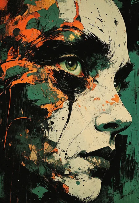 (cksc, highly detailed, hyper realistic) This digital painting depicts an intense, atmospheric portrait featuring a surreal male mime artist. The extreme close-up focuses on a single mesmerizing pale white eye, surrounded by exaggerated black makeup, with bold streaks of emerald green and copper running from the eye like smeared paint. The mime’s face is stark white, smooth, and matte, contrasted with abstract streaks of teal, burnt orange, and metallic bronze flowing across the cheeks and forehead, evoking motion and emotion. His lips are black, sharply outlined, and slightly parted, revealing a hint of silver teeth, adding an unsettling elegance. Fine black lines accentuate the brows and contours, enhancing the theatrical expression. He is old, bald, with a thin pencil mustache framing his upper lip. Wrinkles and fine texture around his eyes and mouth give depth and realism to his aged face. Subtle shadows and detailing emphasize the aged skin beneath the makeup. The composition dissolves into abstract swirling textures that blend into a borderless background — seamless gradients of dark green, turquoise haze, and shimmering bronze streaks flow outward, immersing the face in an endless surreal dreamscape. The painting is created with fluid, textured brush strokes, emphasizing emotional depth, surreal beauty, and the haunting presence of the aged mime.