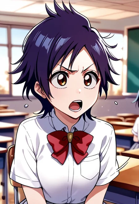 <lora:Tatsuki:1>, tatsuki arisawa, 1girl, solo, school uniform, red bow tie, white shirt, skirt, classroom, motion lines, loving it, open mouth, twitch effect, depth of field, blurry background, score_9, score_8_up, score_7_up, source_anime,