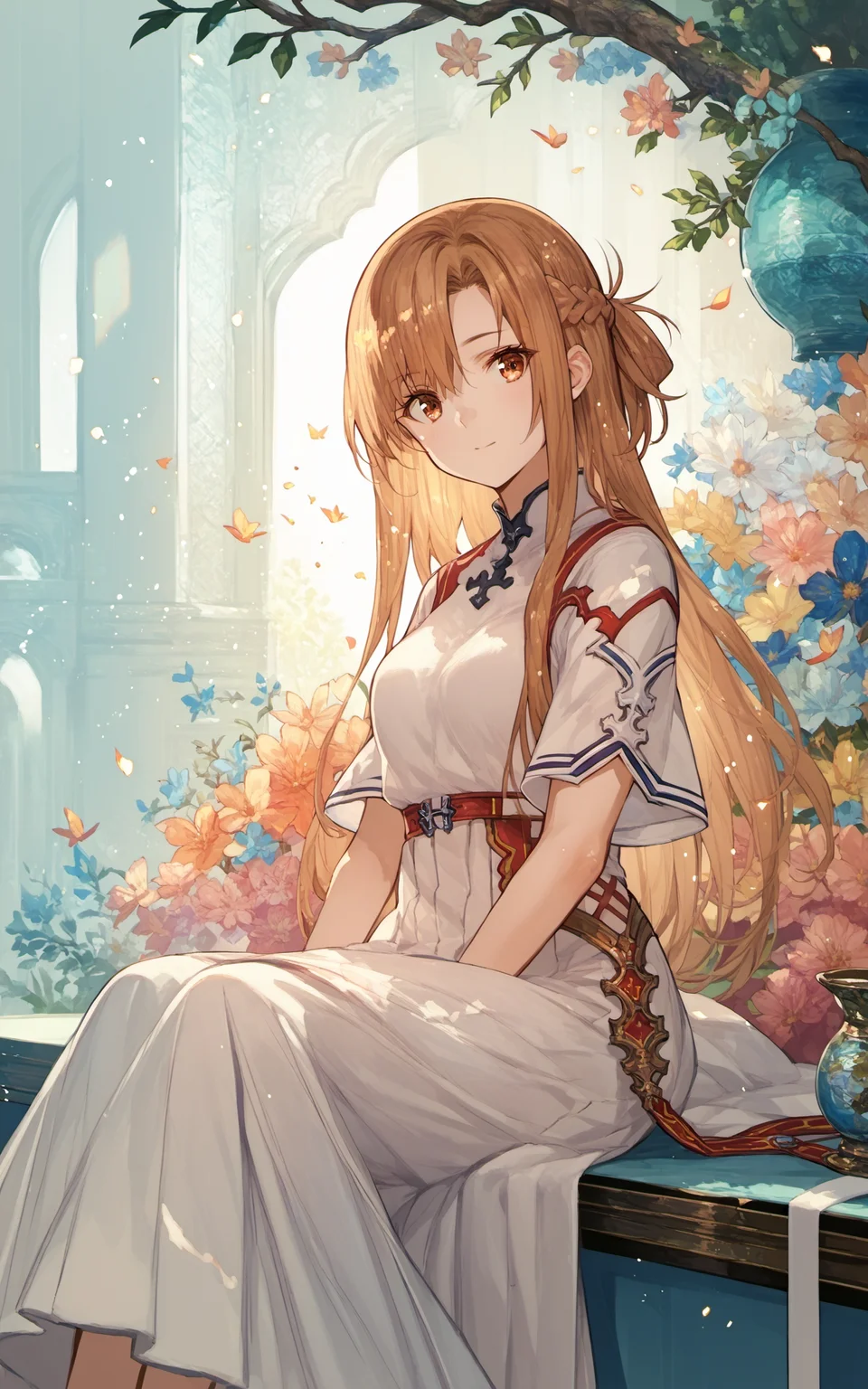 (score_9,score_8_up),score_7_up,score_6_up,score_5_up,source_anime,<lora:fuzichoco_style_pony-000010:1>,1girl,fuzichoco_style,colorful,sitting,light particles,looking at viewer, asuna \(sao\), yuuki asuna