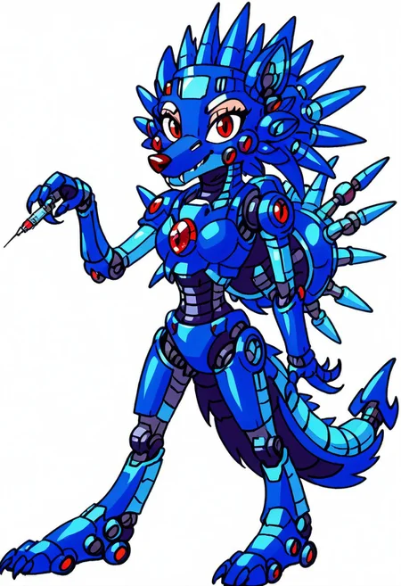 source_furry, hari harry, friender, wolf, hedgewolf, megaman, megaman3, needle wolf, spikey shell, red eyes and gem (on body), claws, robotic, friender, hedgewolf, spike, spike head, spikey shell, boss, robot, solo, (female:2), full body, looking at viewer, simple background, anthro, Artifyber_style, kind, calm, cute pose