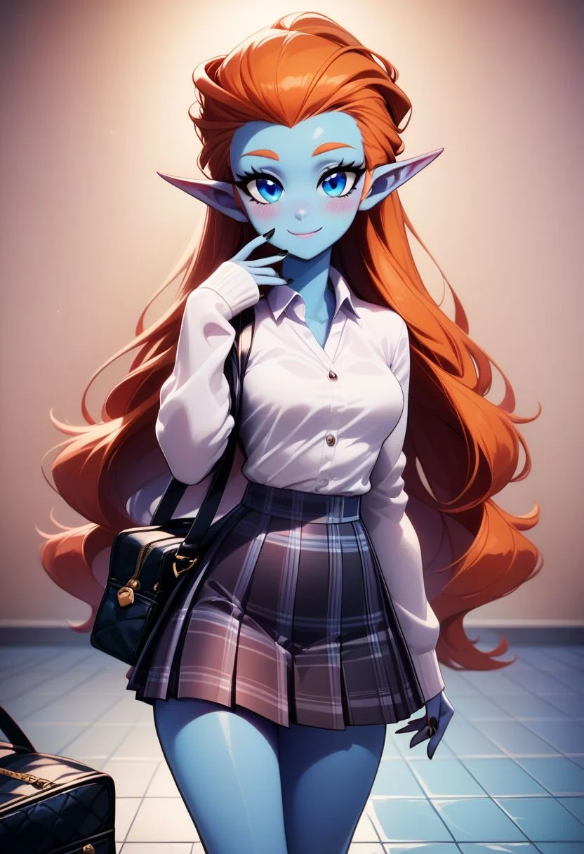 score_9, score_8_up, score_8, medium breasts, (curvy), cute, eyelashes,
BREAK,
zzMira, blue eyes, blue skin, orange hair, pointy ears,
BREAK,
closed mouth, alternate costume, smile, nail polish, looking at viewer, hand up, collared shirt, blush, sweater, black skirt, black nails, eyelashes, long sleeves, sleeves past wrists, plaid skirt, shoulder bag, black bag, blurry, tile floor, pleated skirt, white shirt,
zPDXL,