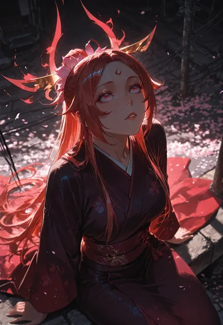 1girl, Yan Ji, red eyes, red hair, kimono,lighting aura,cherry blossoms,power lines,sitting,arms at side,sprawled,dynamic pose,looking up,(from above:1.2),parted lips,perspective,black background,vignetting,chromatic aberration,depth of field,
(Smooth Quality - Illustrious:0.8), masterpiece,best quality,amazing quality, absurdres, (impressionism), ultra-HD, 8k, fit body, highest quality, volumetric lighting, (cinematic composition:1.3), (sharp focus:1.2), (depth of field:1.2), (adult), wide eyes, (mature female:1.2), very aesthetic, smooth image, action lines, motion lines, motion blur, (detailed face and eyes:1.3),
<lora:illustrious_quality_modifiers_masterpieces_v1:0.6> <lora:ponyv4_noob1_2_adamW:0.4> <lora:FINALE:0.3> <lora:I_Am_The_Fated_Villain:0.7> <lora:g0thicILL:0.4> <lora:USNR STYLE_XL_loha:0.3>