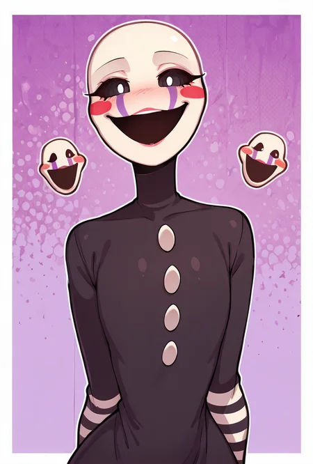 looking at viewer, expressive, posing, , <lora:puppet-10:1> puppet, solo, 1girl, mask, black bodysuit, smile, open mouth, blush stickers, striped, purple tear streaks, black sclera, white pupils, <lora:welwraith-guy90-Illust-Lycorisv1:1> welith, curvy,, masterpiece, best quality, amazing quality, very aesthetic, absurdres, newest,, upper body, halftone effect, white borders, abstract background:1.2,