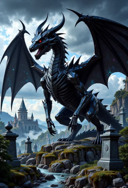 FluxEpicDragon, a dragon skeleton made of cut black onyx and obsidian with subsurface scattering and subtle light transmission, with a small head, monstrous and colossal towering over the landscape, stoically guarding an ancient cemetery of monumental gravestones and mausoleums in the dead of night, jagged and empty skeletal ribcage and spine and skull, skeletal wings spread