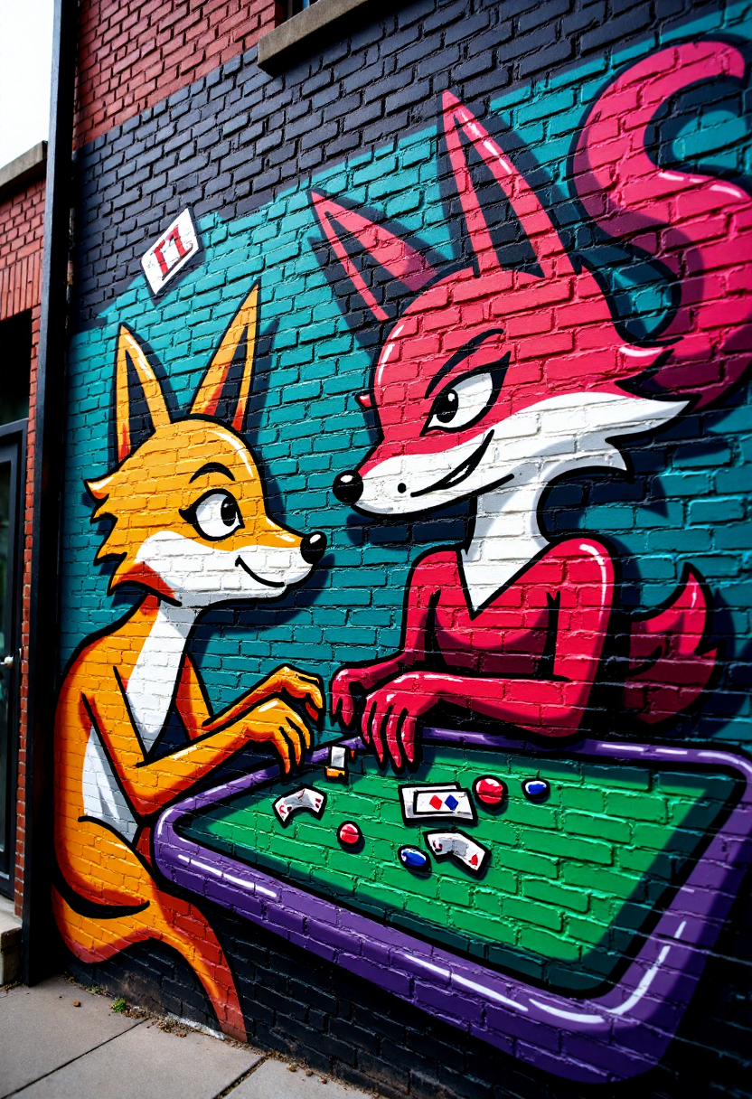 <lora:Brick_Wall_Graffiti_FLUX:1>
This is a vibrant, detailed photograph of a mural painted on a brick wall. The mural features a stylized, cartoonish depiction of  a furry anthro fox lady dealing cards at a casino