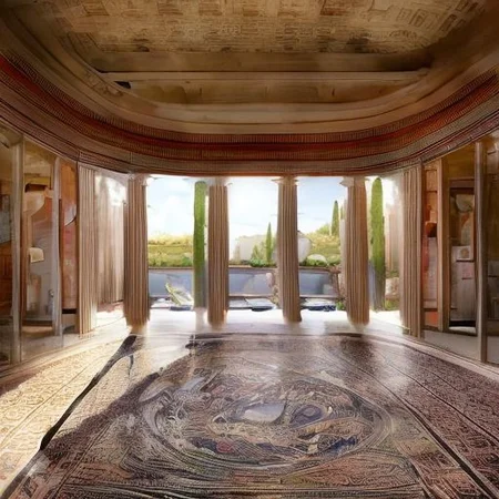 (masterpiece:1.2), (best quality,:1.2), 8k, HDR, ultra detailed, ((photorealistic)), professional light, cinematic lighting, fashion photography, ambient lighting, face lighting, <lora:detail_slider_v4:1>, Fantasy picture, OverallDetail, ancient roman room with columns and a skylight above it and a pool in the middle of the room with a blue floor, RomInt, <lora:RomanInterior-10:1>, epiCPhoto