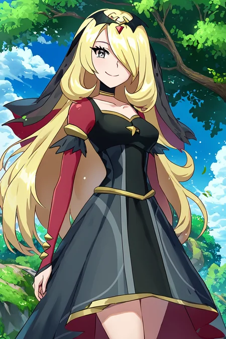 score_9, score_8_up, score_8, medium breasts, (curvy), cute, eyelashes, BREAK, , ,,, zzCynthiaRenegade, grey eyes, long hair, blonde hair, hair over one eye, hair ornament, official alternate costume, black dress, black choker, veil, tiara, collarbone, <lora:CynthiaRenegade_Pokemon_PDXL:1.0>, ,,, , BREAK, smile, looking at viewer, cowboy shot, ,,, outdoors, sky, day, cloud, tree, blue sky, sunny, ,,, Expressiveh, ,,, <lora:Alola_Style_PDXL:0.8>, <lora:Expressive_H-000001:0.4>,