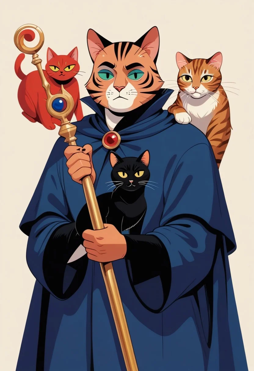 score_9, score_8_up, score_7_up, easynegative, catman, staff, memphis corporate design, flat art, flat coloring, simple, vector art, corporate art, cel shading, cel shaded, Vector Cartoon Illustration, cat, catman, man with cat head, red furr cat, red furr, dark blue mantle, beige backgound,