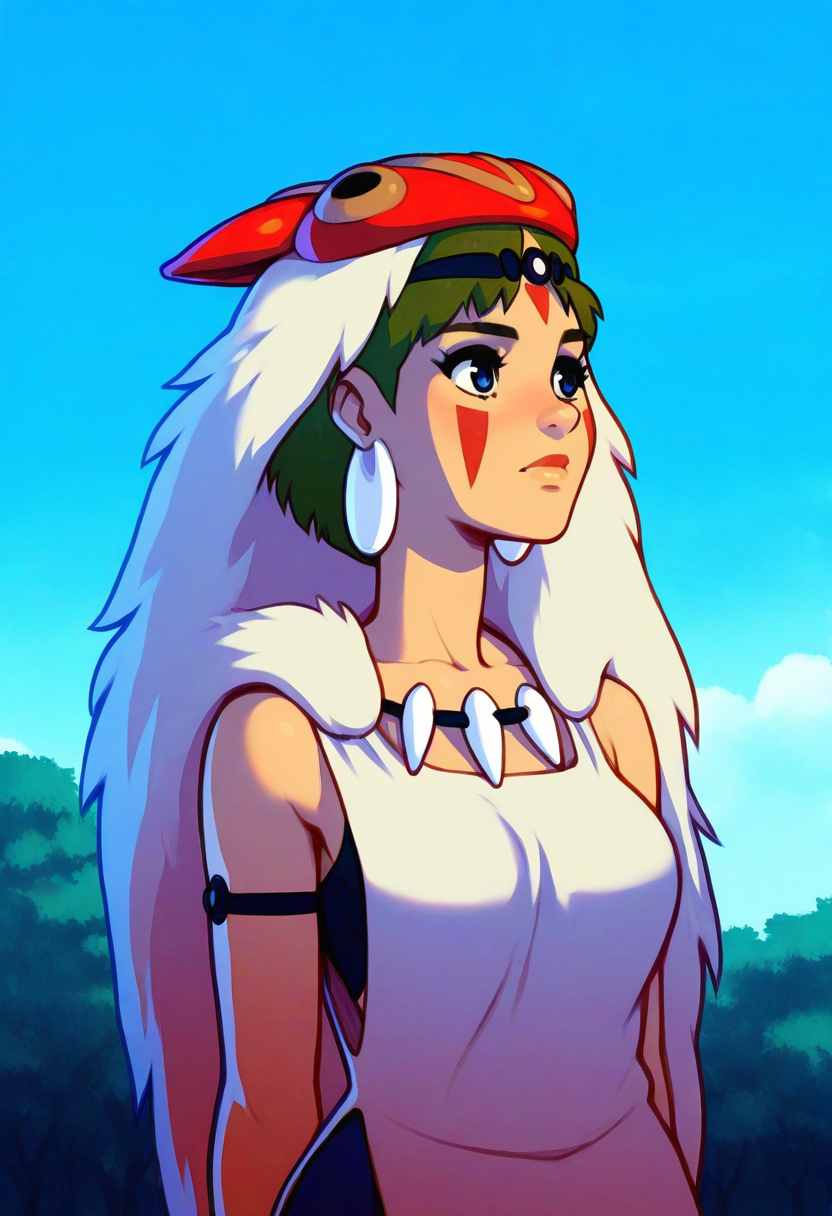 manicsman, masterpiece, cartoon,  princess mononoke, blue eyes,  tribal clothing, wooded area, blue sky, bust shot