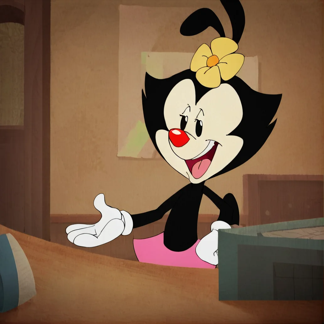 hi res, best quality, solo, female, (source_cartoon), Score_9, score_8, score_7, (masterpiece), best anatomy, small body, young, petite, short, <lora:dot_w:1>, animal ears, black fur, bow, dot_w, furry, gloves, hair flower, bedroom, red nose, smile, two-tone fur, pink skirt, official style, upper body, open mouth smile, tongue, table