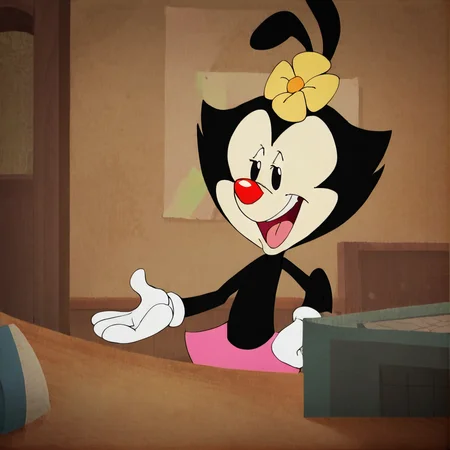 hi res, best quality, solo, female, (source_cartoon), Score_9, score_8, score_7, (masterpiece), best anatomy, small body, young, petite, short, <lora:dot_w:1>, animal ears, black fur, bow, dot_w, furry, gloves, hair flower, bedroom, red nose, smile, two-tone fur, pink skirt, official style, upper body, open mouth smile, tongue, table