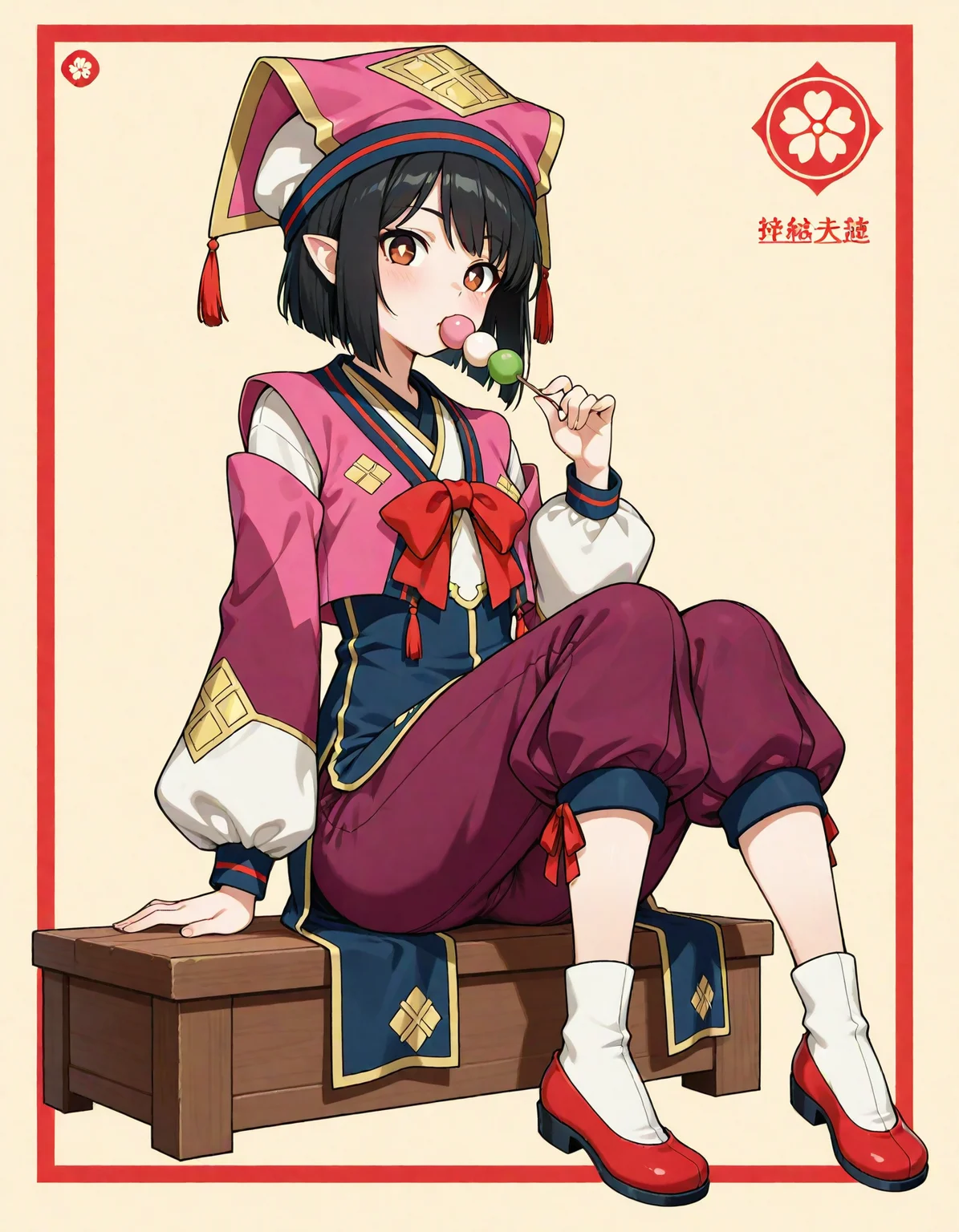 1girl,
very awa, yukumokonaha, brown eyes, black hair, short hair, pointy ears, konahaclothes, pink headwear, pants, purple pants, puffy pants, red bowtie, puffy sleeves, white socks, red shoes, tassel, eating, sanshoku dango, sitting, from front, red footwear, frills, dango, full body, frilled sleeves, bowtie, food, food in mouth, bow, shoes, red bow, symbol-shaped pupils, socks, blush, solo, wagashi, looking at viewer, hat, long sleeves, tabi,
masterpiece, best quality, newest, highres, absurdres, general, simple background, 
 <lora:NoobV065sHyperDmd:1> <lora:YukumoKonaha_IXL:1>