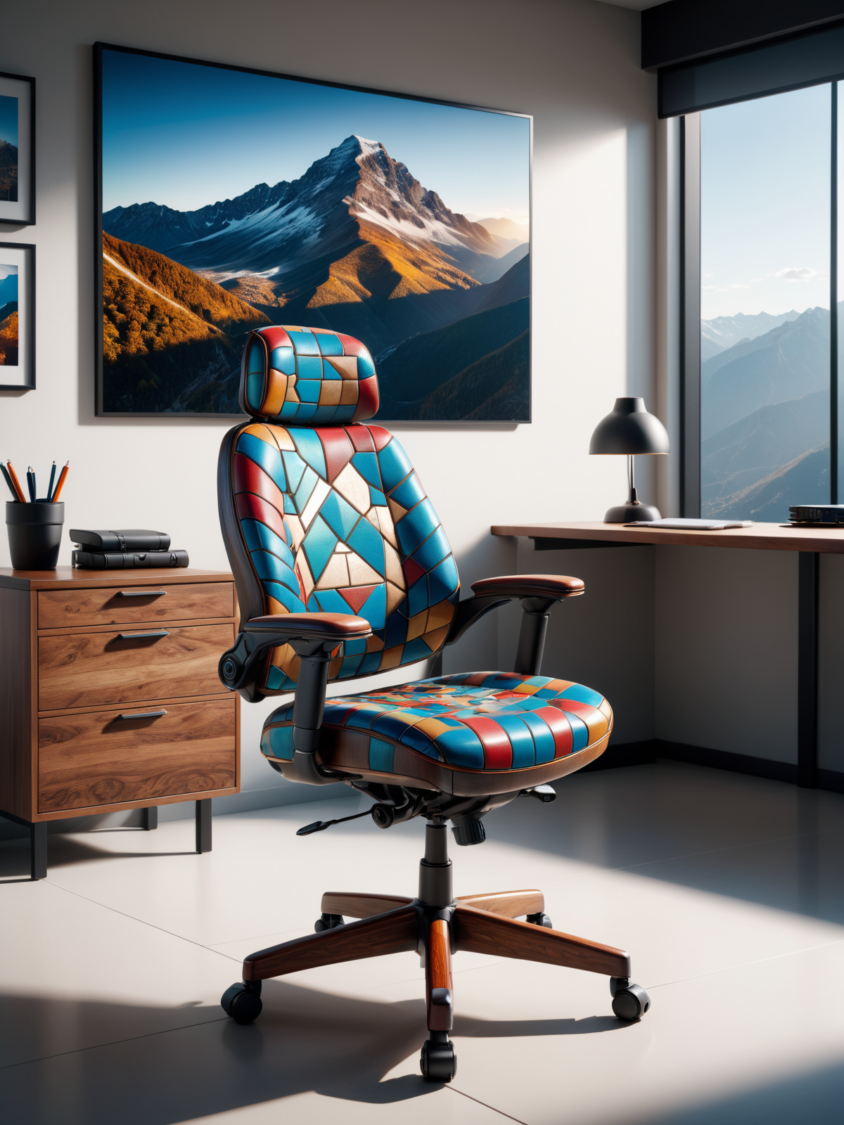 colorful mad-mosaic-sdxl-v2 office chair and wooden desk in an expensive office, photograph of a mountain on the wall, cinematic shot <lora:Colorful_Mosaic_SDXL_v2:0.6>, masterpiece, best quality, ultra high res, (photorealistic, realistic:1.2), deep shadow, raw photo, film grain, Fujifilm XT3, 8k uhd, dslr