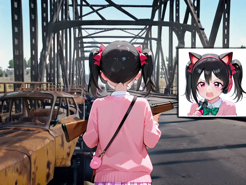 masterpiece,best quality, highly detailed, very aesthetic, absurdres, newest, yazawa nico, aiming,
<lora:Nridge:1> nridge, bridge, cat ear headphones,microphone, holding rifle, (multiple views:1.0),,