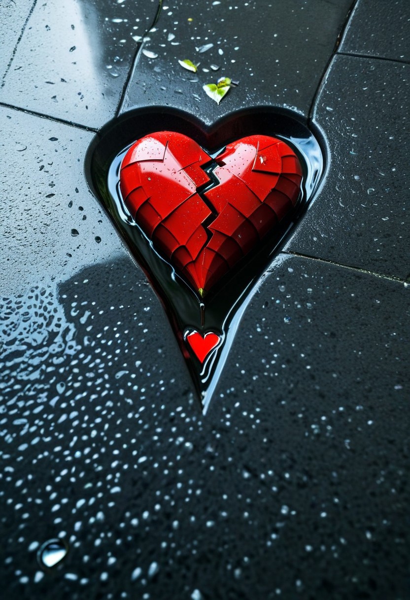 a broken heart, floating in a drain, on the sidewalk, raining,