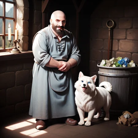 score_9, score_8_up, score_7_up, 8k, (very detailed), medieval tapestry style, high detailed texture, high depth of field, photo-realistic, bald male, ((trashpeople hobbit)),(((trash Hobbit))), (hobbit), ((traveling merchant in video game)), enchanted, medieval setting, very detailed, candle lighting, a shaved head. no hair on top of head, husky, has a (((beard similar to Abe Lincoln))) ((without a mustache)) but a Nordic face. The beard does not cover the prominent dimples on his cheeks. deep blue eyes, framed by long eyelashes. His cheeks are adorned with big dimples. Full body, (Gnome, short stature), Perfect Hands, perfecteyes,