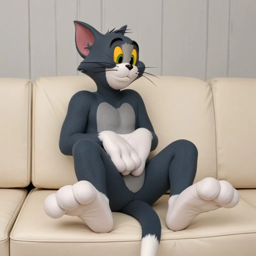 score_9, 1boy, solo, Thomas_Cat, cat, furry, laying on couch, three toes, four fingers, tail, whiskers, green eyes, yellow sclera, male, cartoon, big feet, big hands,