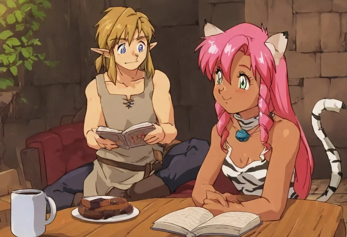 Duo, Pink_DragonPink, 1girl, sleeveless dress, white tiger print dress, pelvic curtain, cleavage, cat ears, cat bell necklace, pink hair, tanned, white tiger tail, red sash, small breasts, leather shoes, masterpiece, very aesthetic, <lora:pink-illustrious:1>, content look
Break
1boy,Anime screencap,link (zelda),blonde hair,blue eyes,pointy ears, low ponytail, sidelocks, wearing blue hyilian tunic, slight smile
Break
Medieval coffee shop, cozy interior, hylian decorations on walls, pink and link sit on comfy couch, pink resting her head on link's chest, reading books, coffee cups on table, full bodies in frame, plate with roasted mouse kebobs,