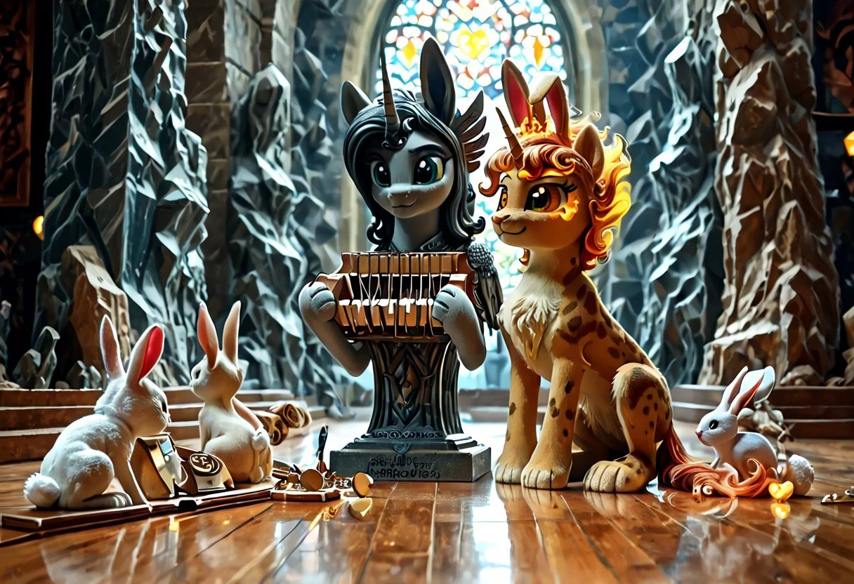 score_9, score_8_up, score_7_up, score_6_up, score_5_up, score_4_up, The dark side of Celestia, Daybreaker, alicorn pony, g5, rich colors, crystal castle, Crystal Empire, crystal heart in the center of the square, pony statue, aroused, front view, detailed background, pony, detailed, 8k quality, side view, beautiful, teasing, instruments and tools, leaned to the floor, free actions, masterpiece, best quality, break, (rabbit boy, buster_b, furry), break, (rabbit girl, babs_b, furry),