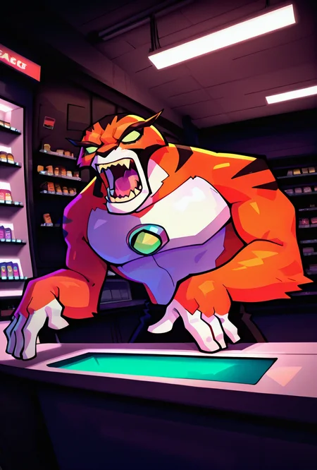 <lora:rath-10:1> rath, furry, 1boy, green eyes, green sclera, solo, no humans, , fangs, orange fur, sharp teeth, big arms,   no pupils, big body,  <lora:sakfsdajfkasd:1> alpharecdyt, pointing and screaming, rage, store counter,, masterpiece, best quality, amazing quality, very aesthetic, absurdres, newest,