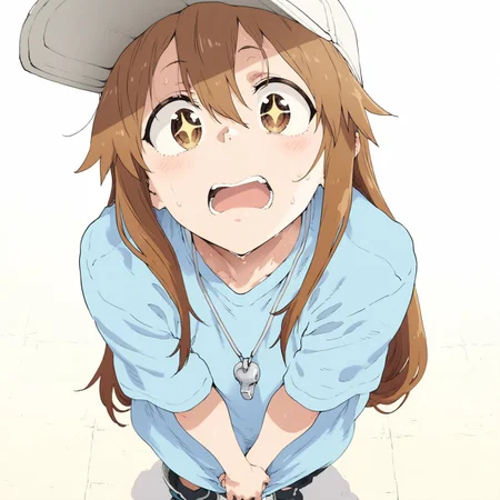 ((masterpiece, newest, recent, absurd res, absurdres, best quality, hi res, highres)),
haniodonstyle,
Platelet, long hair, brown hair, hair between eyes, brown eyes, white headwear, blue shirt, baseball cap, flat cap, oversized clothes, oversized shirt, whistle,
from above, + +, open mouth, close-up, white background, own hands together,