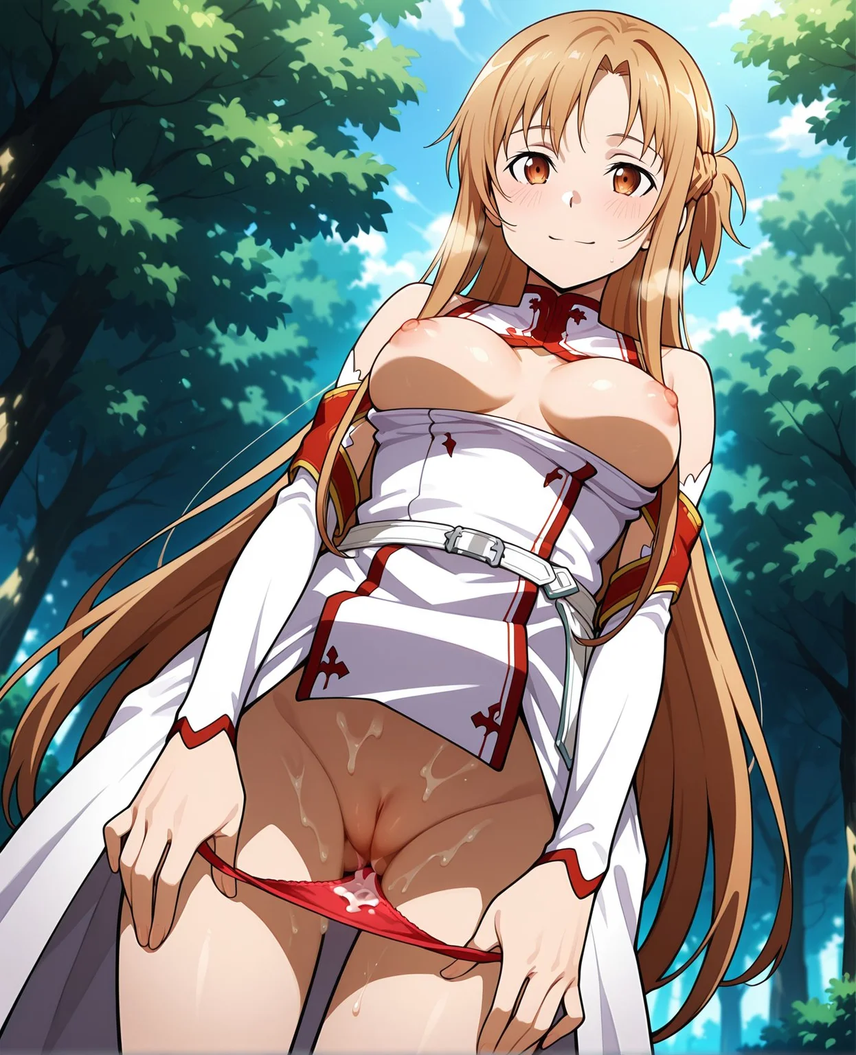 <lora:add-detail-xl:0.5>,,masterpiece,best quality,anime coloring,anime screenshot,
<lora:cum_in_panties:1>Cum_in_PantiesV1,
1girl,solo,breasts,nipples,underwear,
cum,panties,pussy,presenting cum in panties,
uncensored,panties,cum in panties,slight panty pull,
presenting panties,
BREAK
tree,outdoors,
asuna \(sao\),
sword art online, official art,
milf, 20YO,