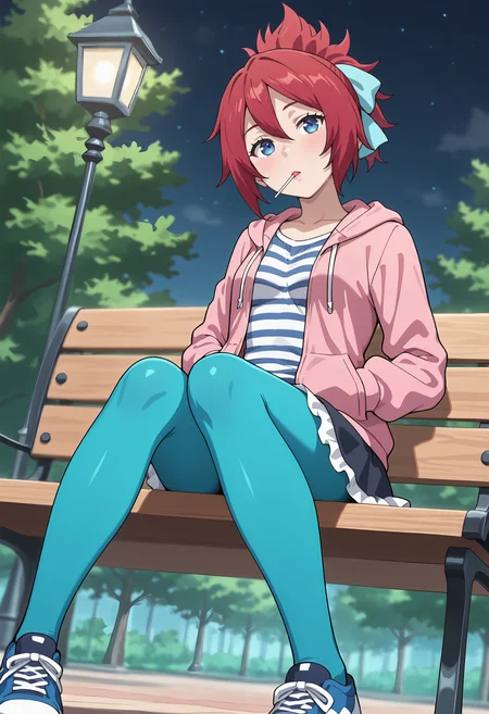 best quality, amazing quality, perfect quality, high quality, masterpiece, absolutely eye-catching BREAK
<lora:Phantasy_Star_Online_2_-_Hitsugi_Yasaka:1> PSO2Hitsugi, blue eyes, red hair, short hair, double-parted bangs, ponytail, blue hair ribbon, small breasts BREAK
pink hoodie, hood down, long sleeves, open hoodie, striped shirt, white shirt, blue shirt, black frilled skirt, aqua pantyhose, blue sneakers BREAK
outdoors, park, tree, night sky, lamppost BREAK
1girl, solo, sitting, on bench, outstretched legs, pigeon-toed, hands in pockets, lollipop stick in mouth, head tilt, dutch angle, cowboy shot, from below, foreshortening