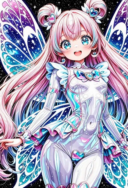 masterpiece, nsfw, best quality, good quality, (pri dream cure:0.5), awesome top artist illustration, solo, dynamic poses, a mecha joint girl short height, wide angle, (shiny textile shading white fullcover bodysuit:1.1), silver heart maebari, iridescent fairy wing, (rilurilufairilu:1.1), small breasts, shortstack, narrow waist, thick thigh and wide hip, light smile, open mouth, pastel color hair, face lighting, kawaii cute girl, smile, cosmic black background, subtle ambient glow, global illumination, perfect anatomy, <lora:NoobV065sHyperDmd:1>, <lora:sdxl-testlora-body-jewelry-03:0.5>,<lora:sdxl-style_doll-like_03:0.3>, <lora:sdxl-testlora-dollstyle_01:0.3>, <lora:ceye:0.5>, <lora:sdxl-flat:-1>, <lora:cfg_scale_boost:0.7>,